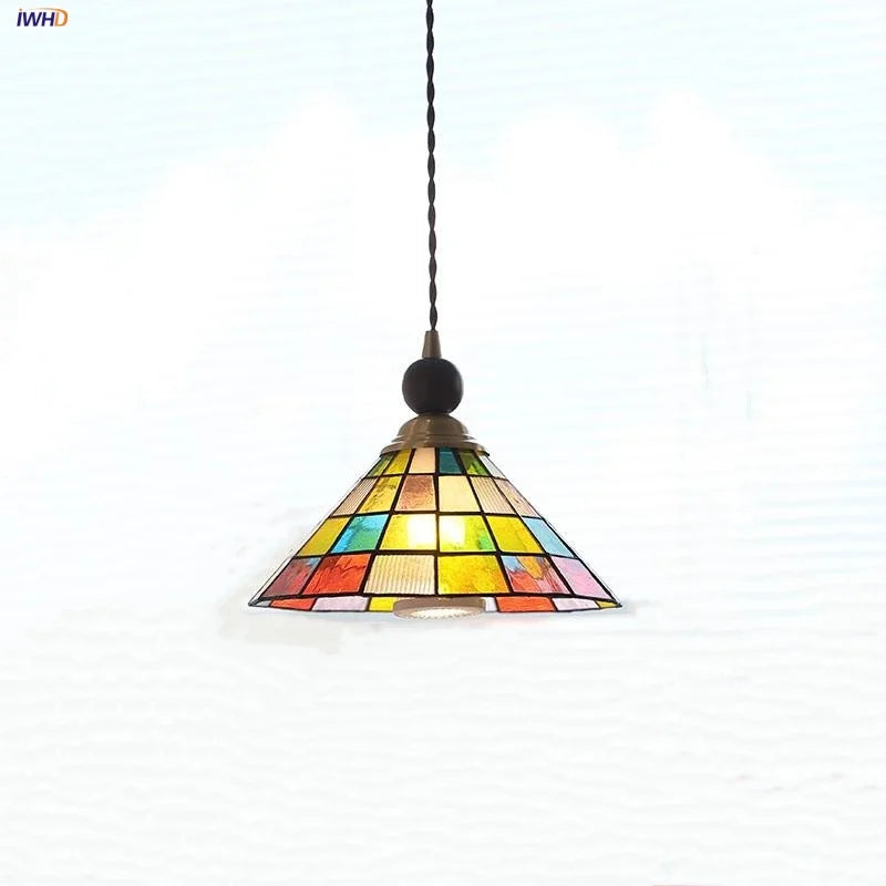 Walnut Wood LED Pendant Lights Colorful Glass Modern Kitchen Luminaira