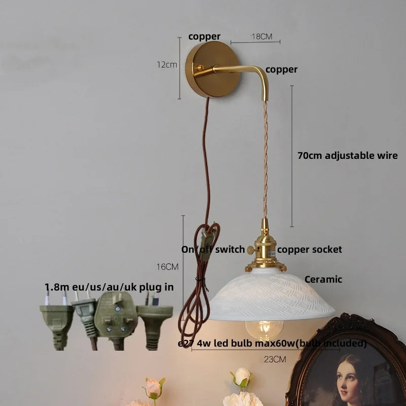 Nordic LED Wall Light Fixture Pull Chain Switch Brass Bedside Lamp