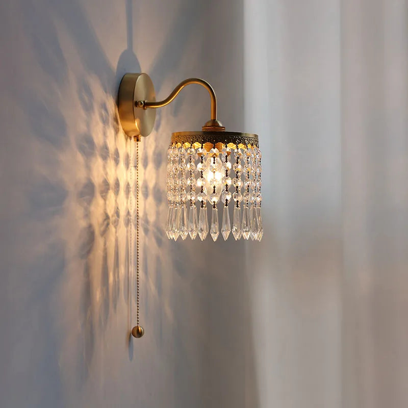 Crystal LED Wall Sconce Pull Chain Switch Brass Mirror Light