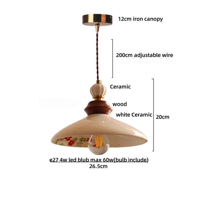 Brown Wood LED Pendant Light - Nordic Modern White Ceramic Hanging Lamp