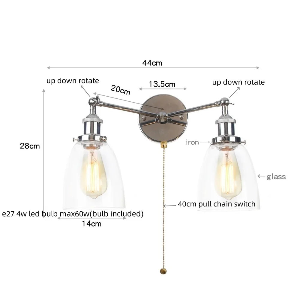 2 Head LED Wall Lamps Iron Glass Bedroom Stair Light Fixtures
