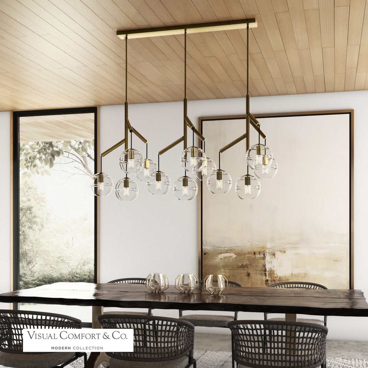 Sedona Triple Chandelier, 12-Light, LED, Aged Brass, Transparent Glass Orb, 24.5"W (700SDNMPL3CR-LED927 70E7GV5)