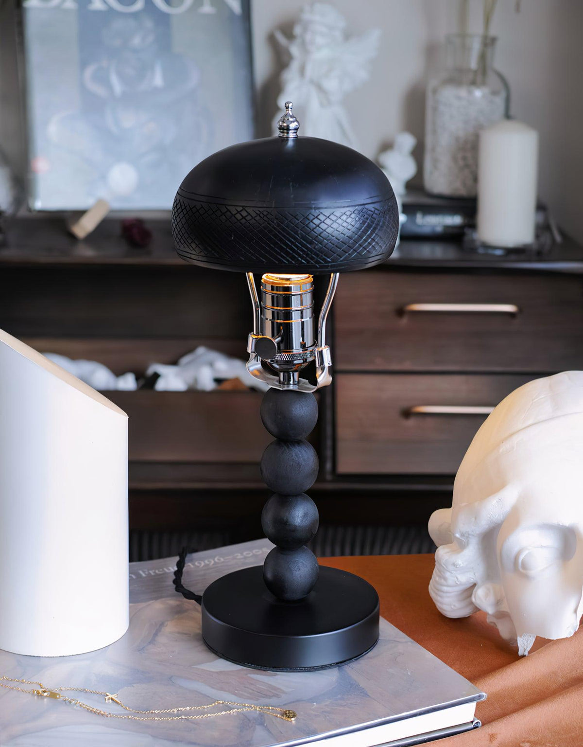 Turned Wood Candlestick Shaped Table Lamp 4.7"