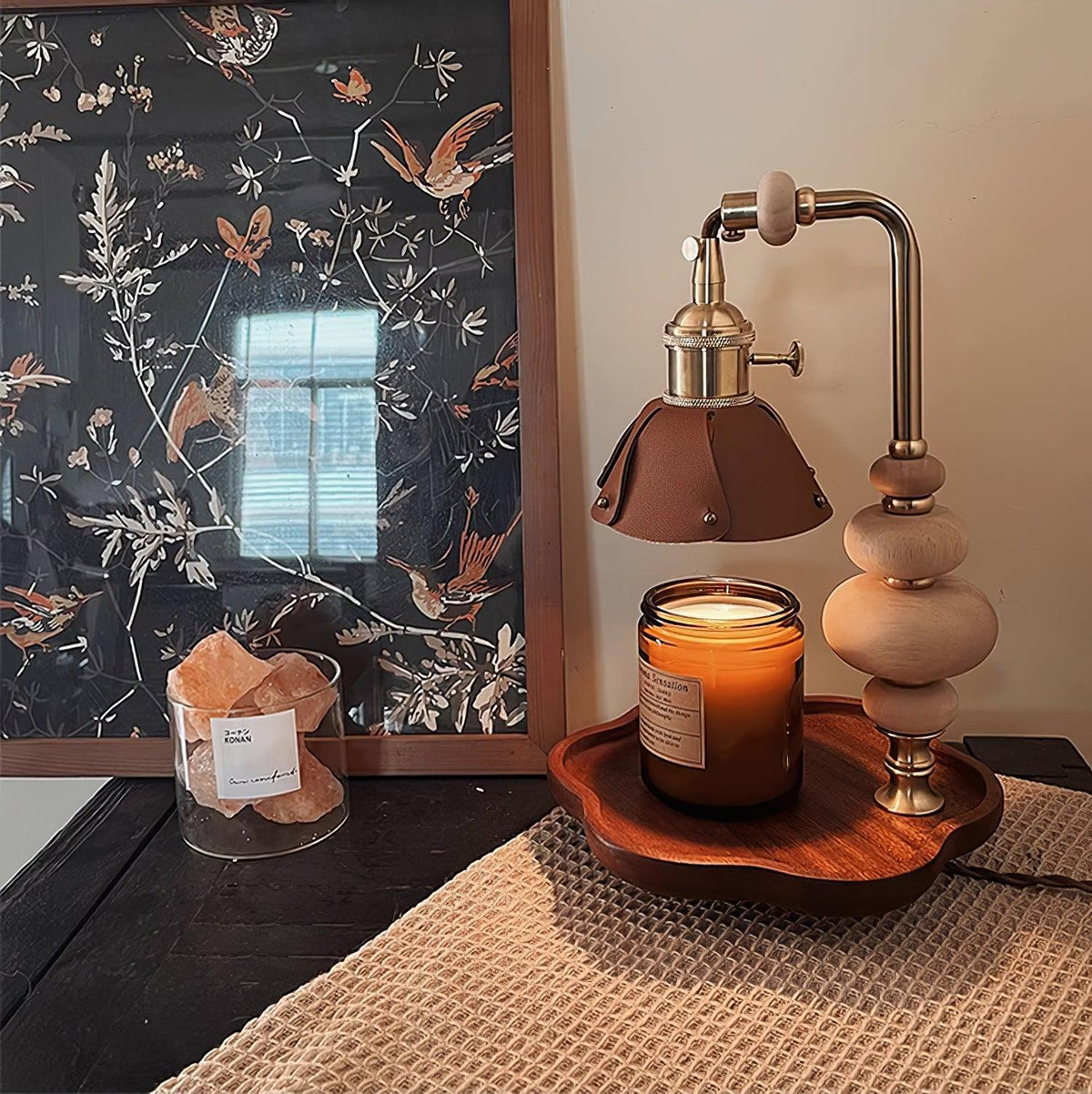 Walnut Flower Tray Table Lamp 7.1"