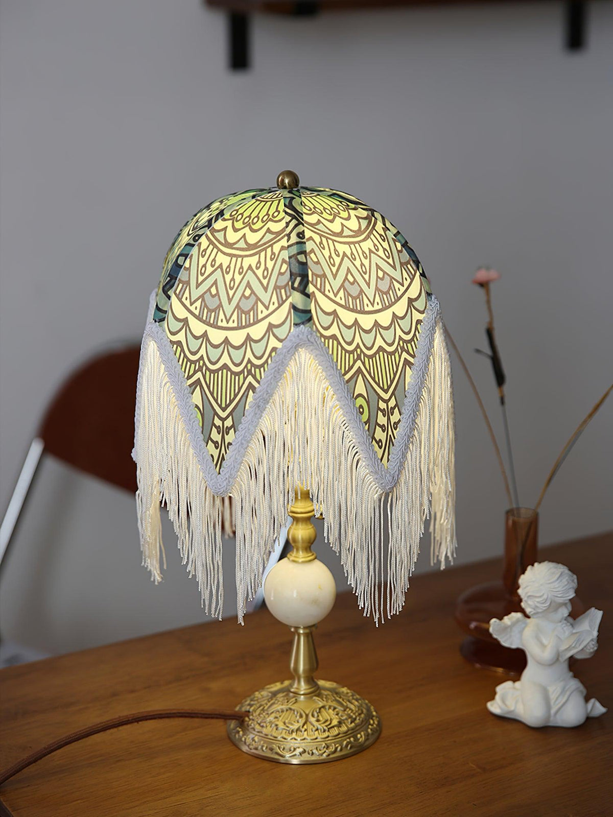 With Fringes Vintage Flowered Table Lamp 8.7"