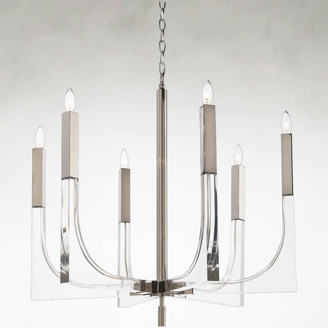 Six-Light Acrylic and Nickel Ceiling Chandelier