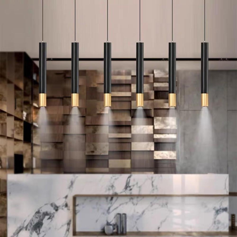Elongated Cylinder Black and Gold Metal Shade LED Modern Pendant Light Island Hanging Lights