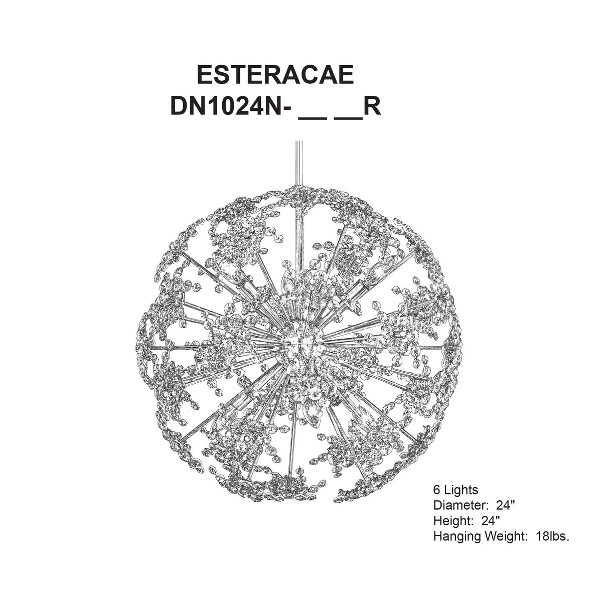 Esteracae 24"H x 24"W 6-Light Crystal Pendant in Jet Black