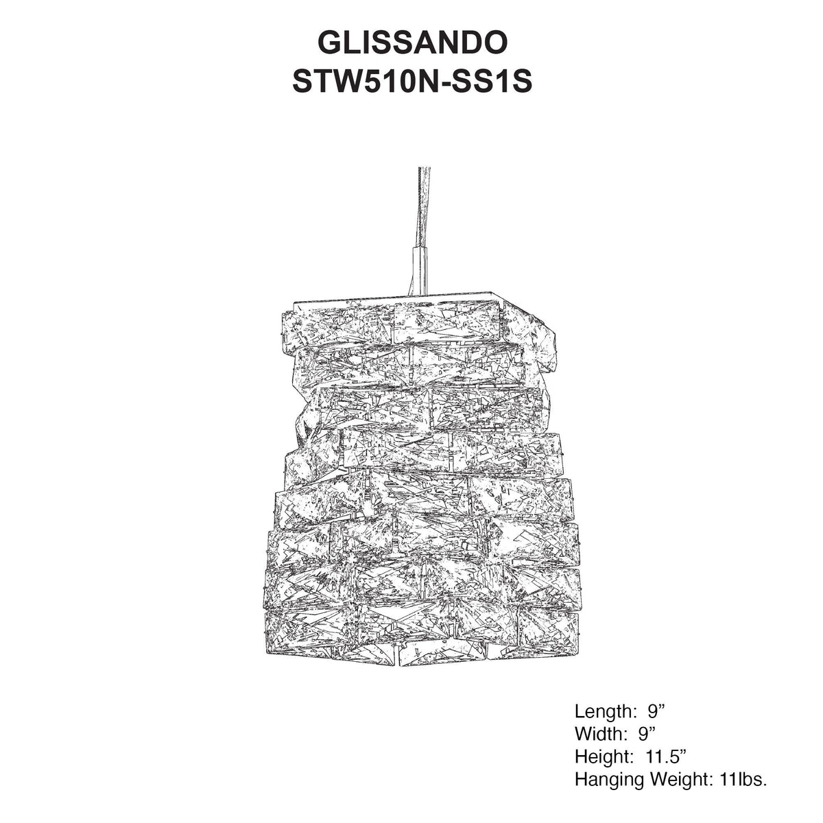 Glissando 11.5"H x 9"W 1-Light Crystal Pendant in Polished Stainl