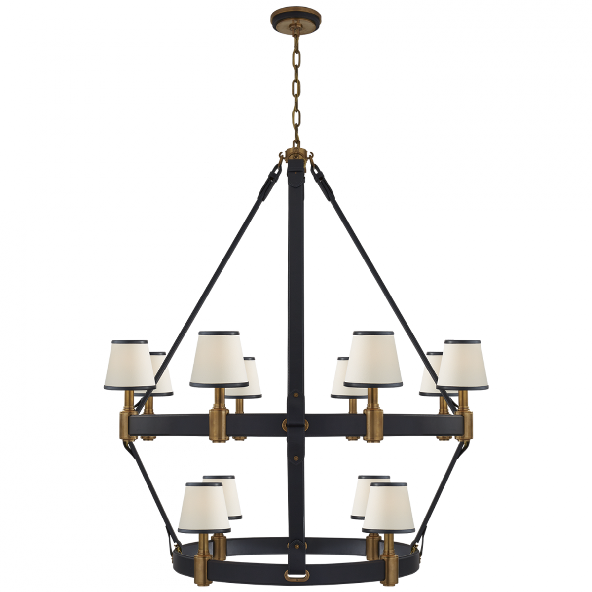Riley Large Two Tier Chandelier - Natural Brass and Navy Leather