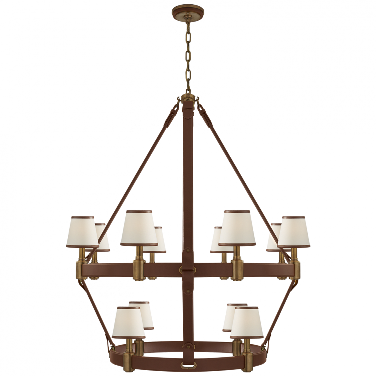Riley Large Two Tier Chandelier - Natural Brass and Saddle Leather