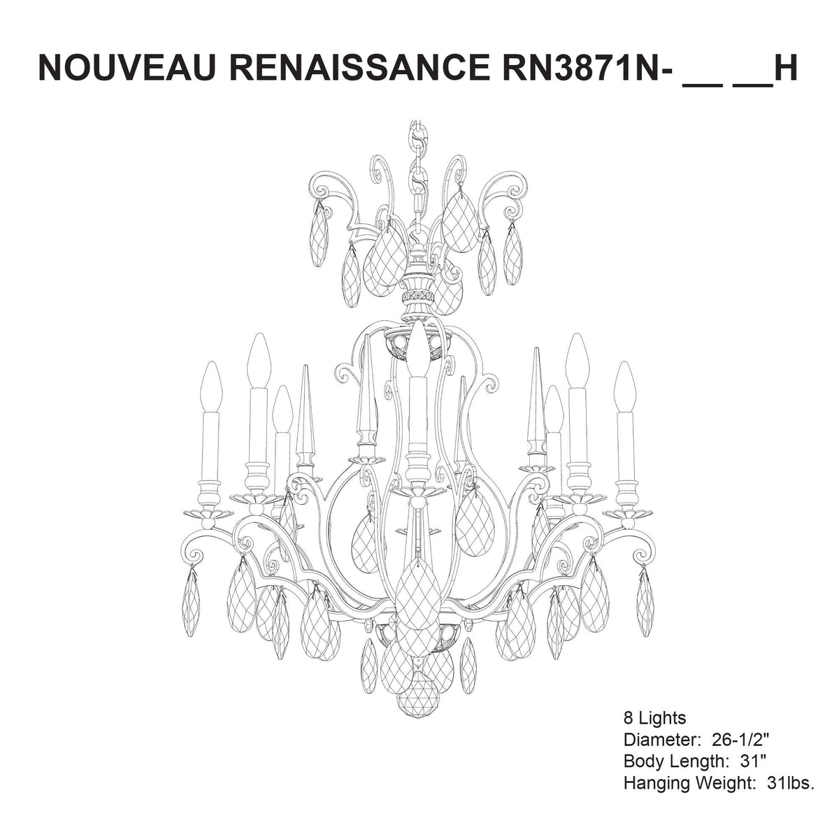 Renaissance Nouveau 31"H x 32"W 8-Lt Crystal Chandelier in Antiqu