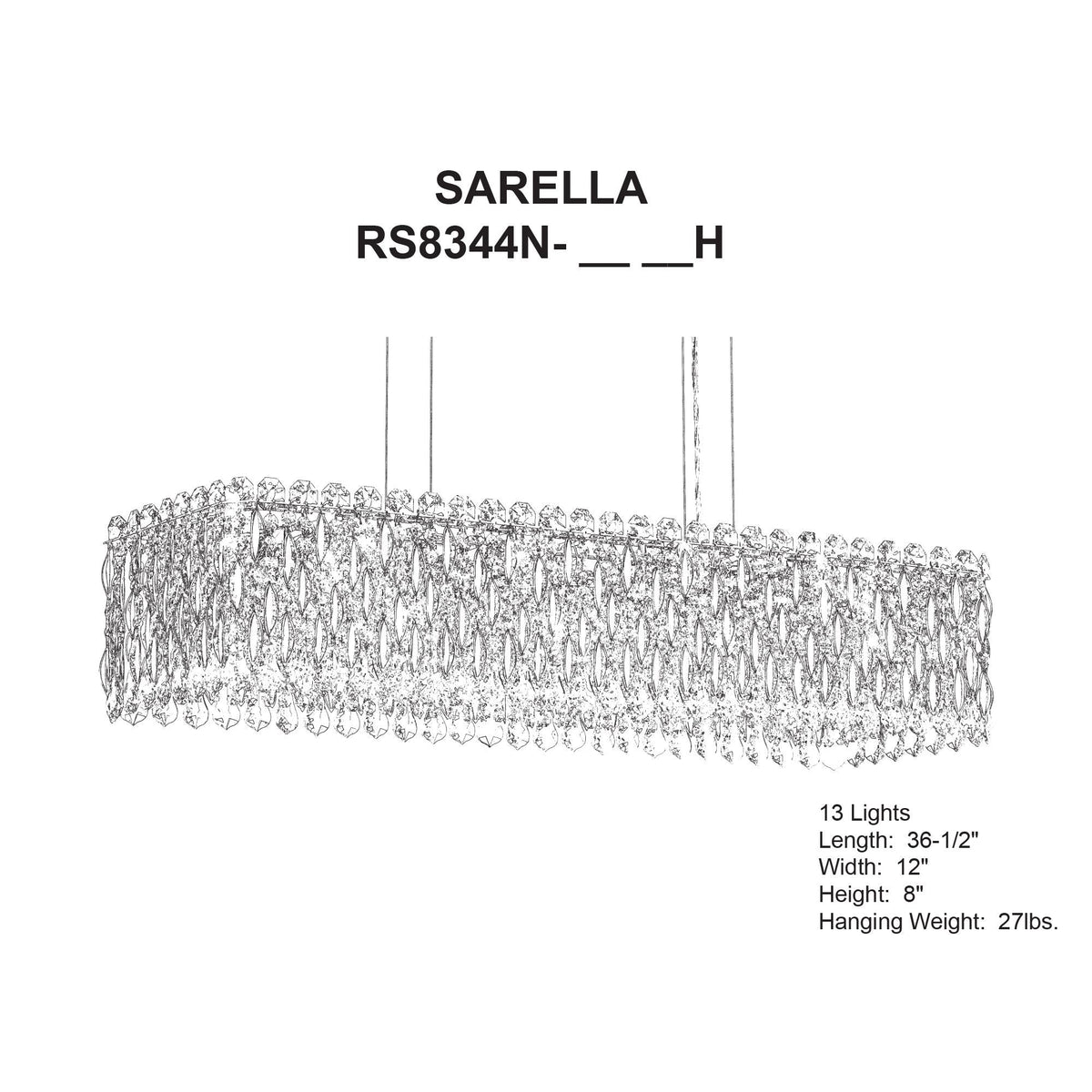 Sarella 8"H x 36.5"W 13-Lt Crystal Linear Chandelier in Pol Stain