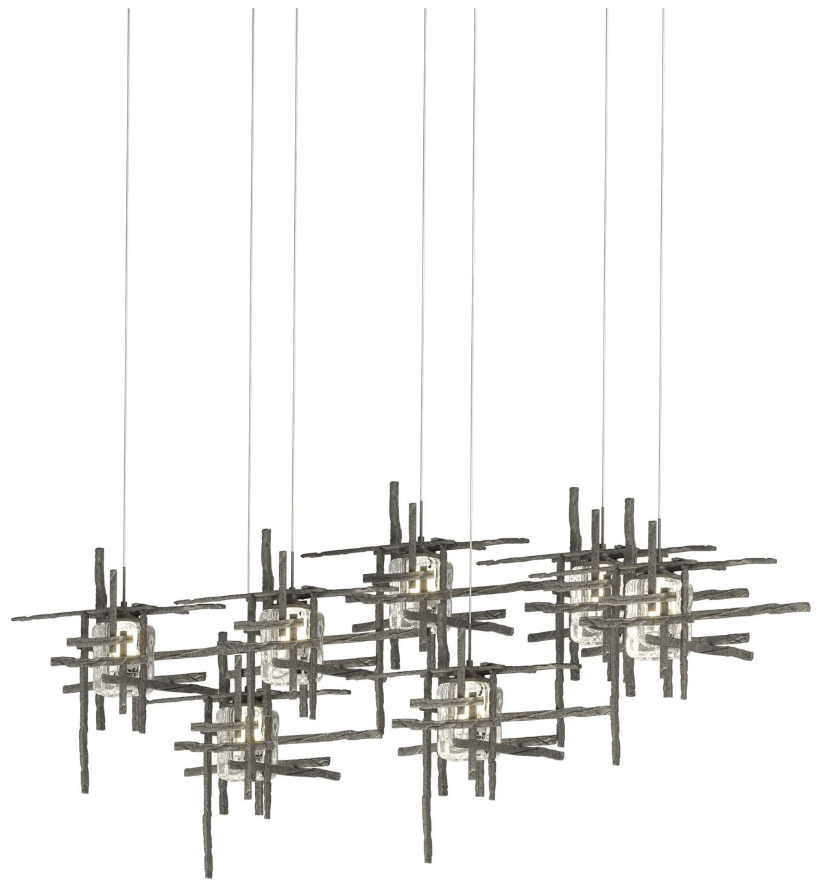 Tura 53.6"W 7-Light Rectangular Iron Long Pendant w/ Seeded Glass Shad
