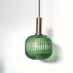 71'' Ambient LED Light Ribbed Metal Translucent Blown Glass Pendant Lights