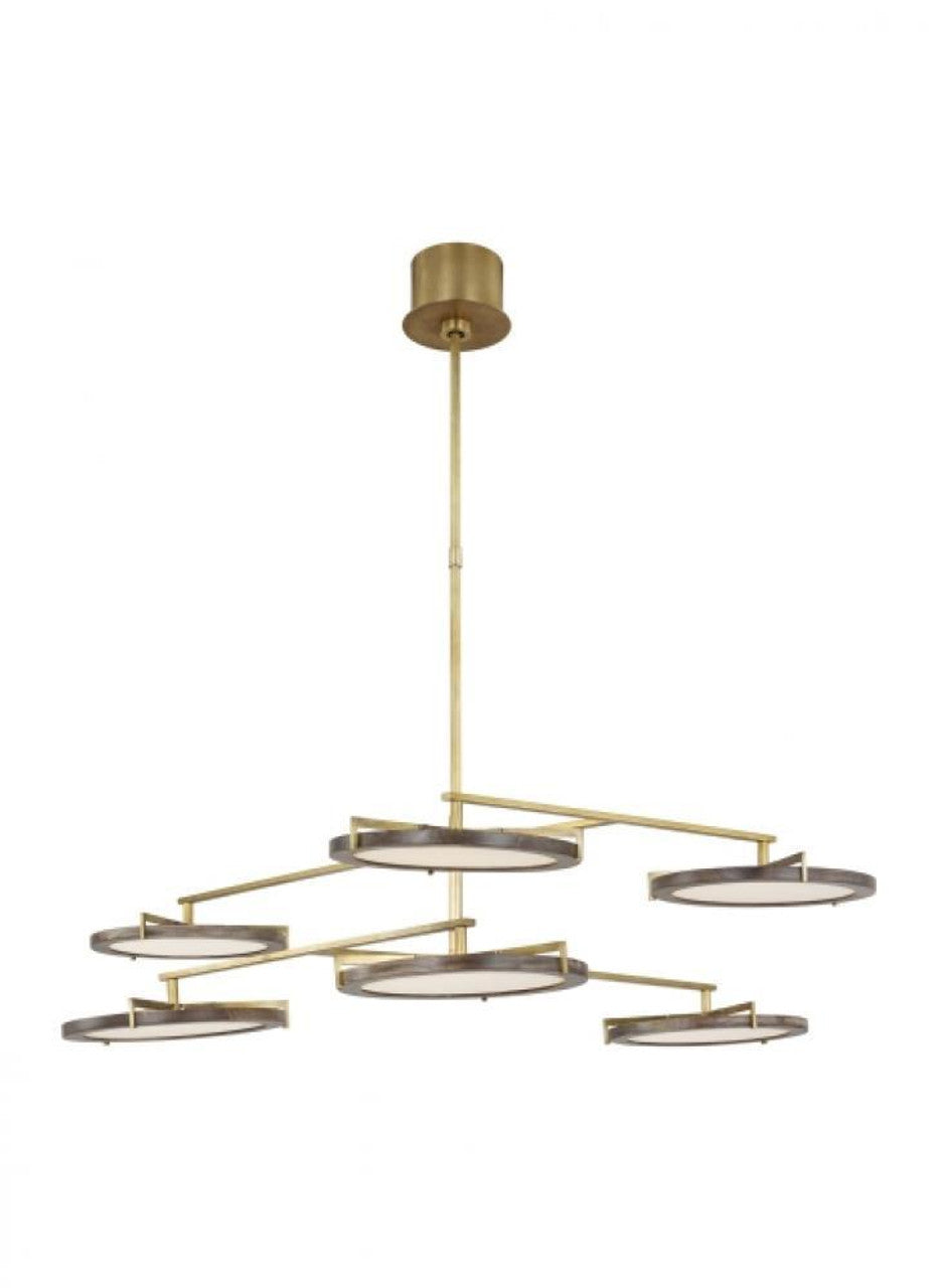 The Shuffle Large 6-Light Damp Rated Integrated Dimmable LED Ceiling Chandelier in Natural Brass, Visual Comfort & Co. Modern Collection CDCH17327WONB 70PKJ59
