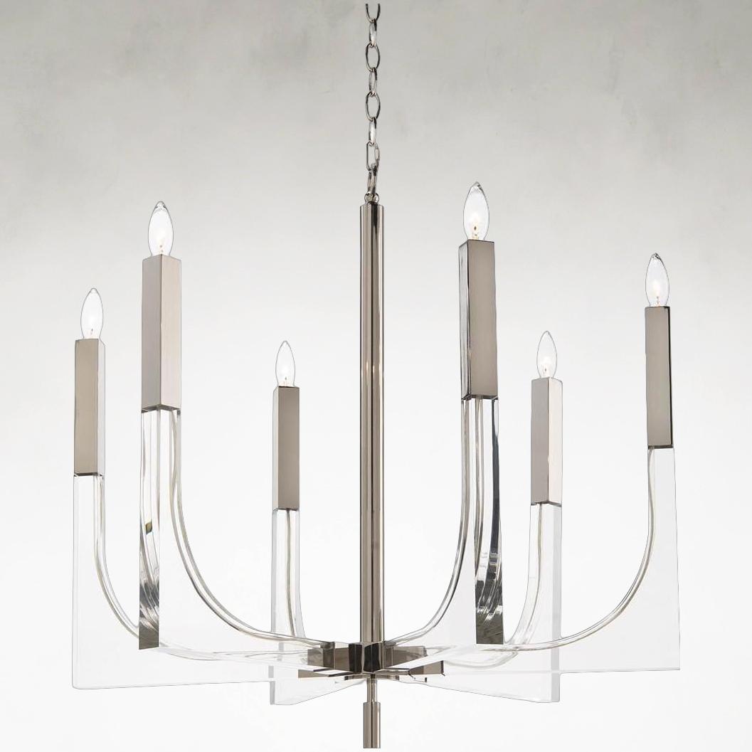 Six-Light Acrylic and Nickel Ceiling Chandelier