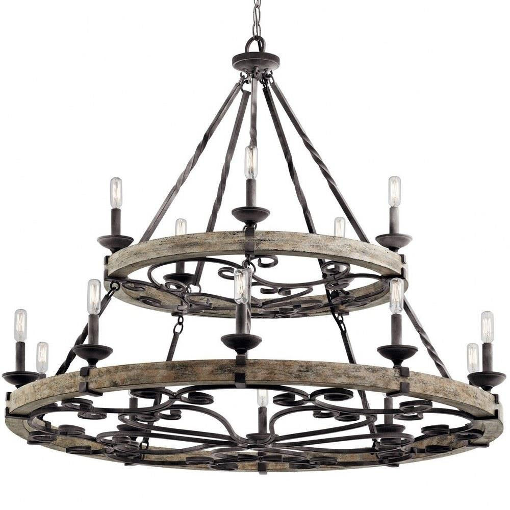 Bailey Street Home - 147-BEL-2013883 - Medieval-style 15-Light Chandelier in Weathered Zinc Finish with 2-Tier Round Steel Frame 44 inches W x 38.75 inches H