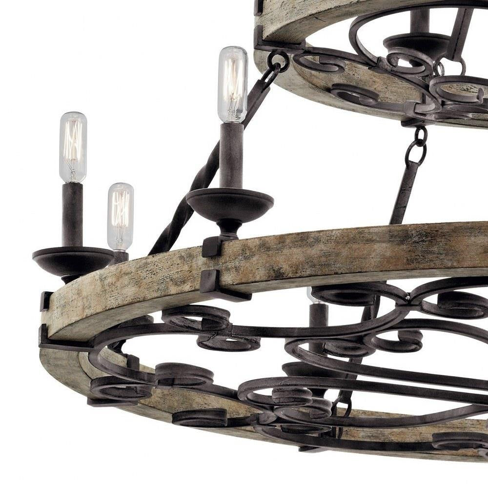 Bailey Street Home - 147-BEL-2013883 - Medieval-style 15-Light Chandelier in Weathered Zinc Finish with 2-Tier Round Steel Frame 44 inches W x 38.75 inches H