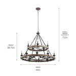 Bailey Street Home - 147-BEL-2013883 - Medieval-style 15-Light Chandelier in Weathered Zinc Finish with 2-Tier Round Steel Frame 44 inches W x 38.75 inches H