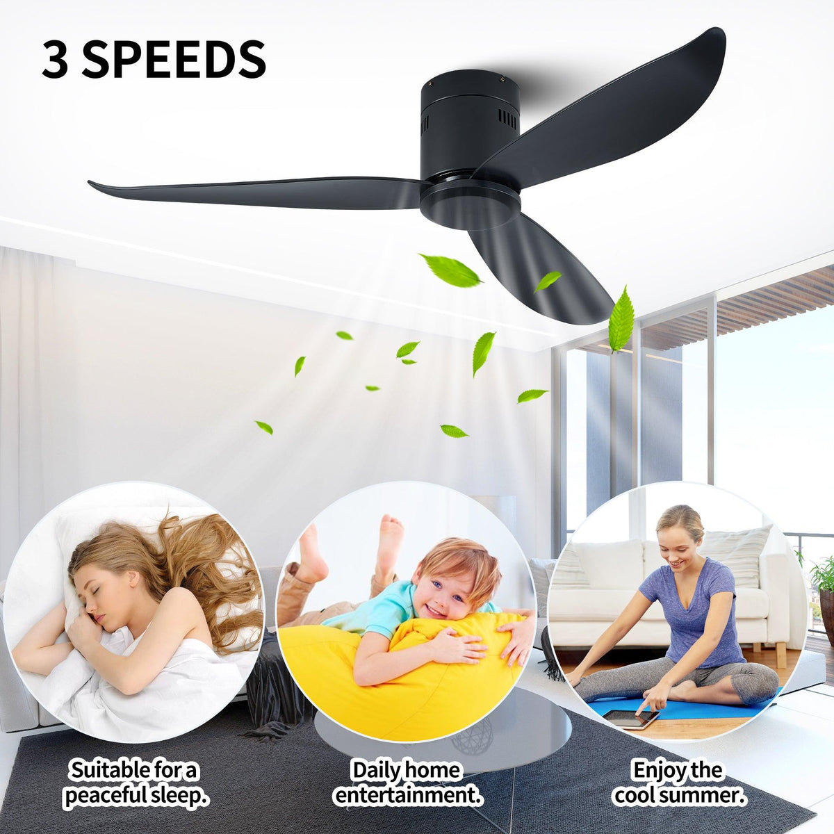 Low Profile Black Flush Mount Ceiling Fan No Light 52"
