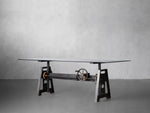 Industrial Crank Desk with Glass Top and Large Black Rubbed Copper Base