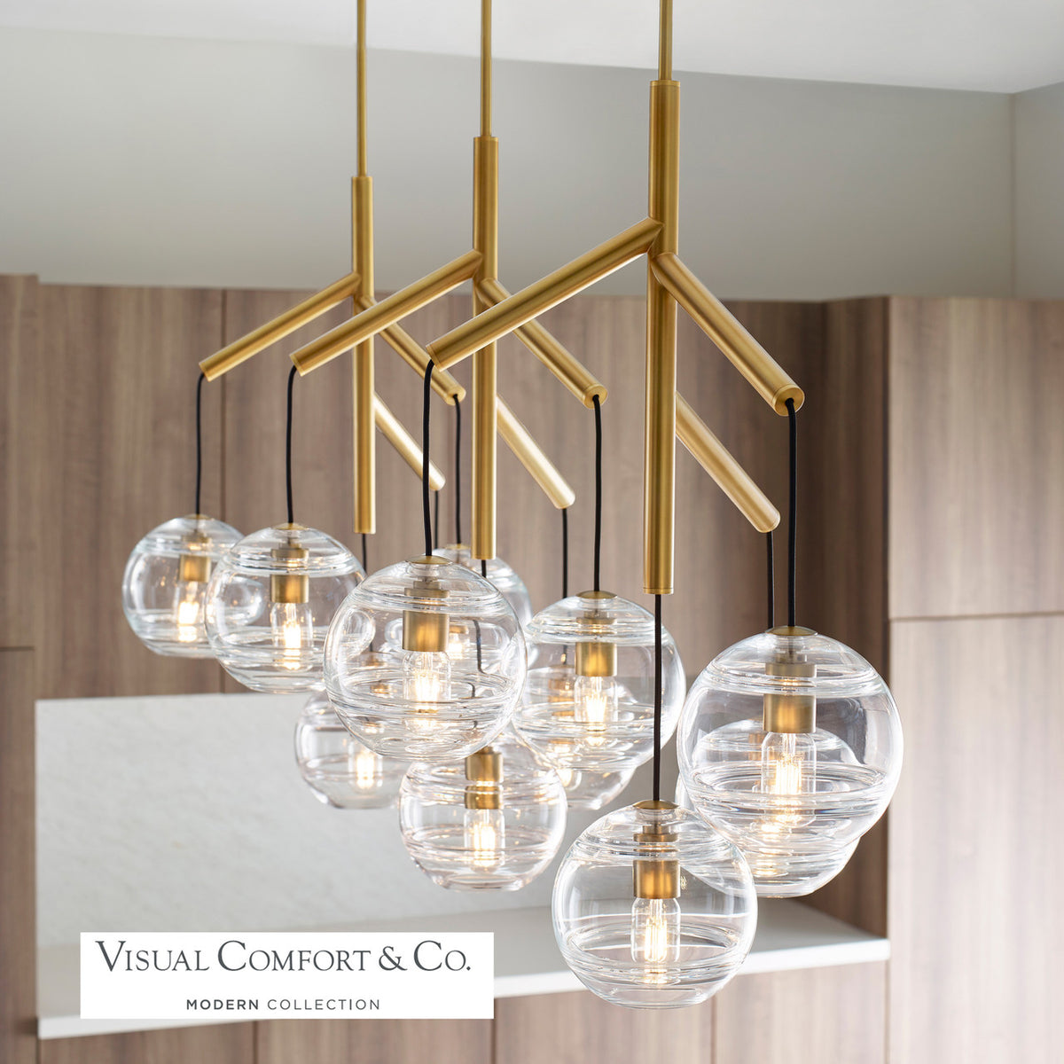 Sedona Triple Chandelier, 12-Light, LED, Aged Brass, Transparent Glass Orb, 24.5"W (700SDNMPL3CR-LED927 70E7GV5)