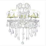 White Five-Light Chandelier with Green Shades and White Sashes