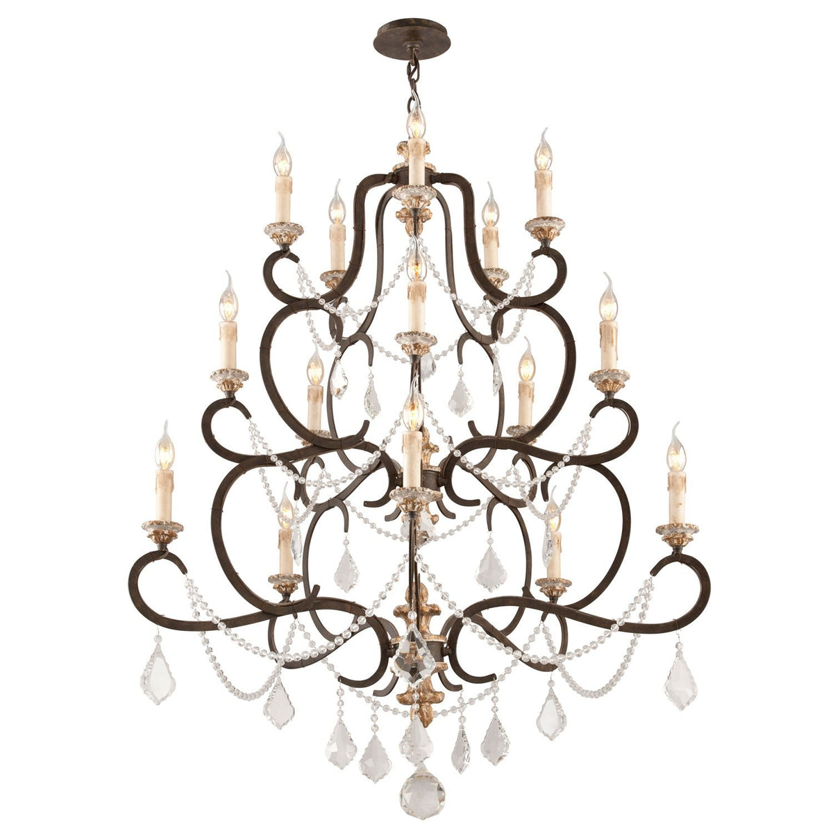 Bronze 15-Light Large Chandelier w/ Distressed Gold Leaf and Crystal