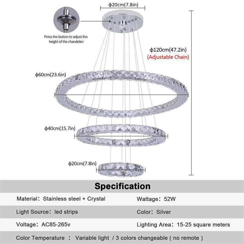 Luxury Crystal Ring LED Chandelier for Living & Dining Room