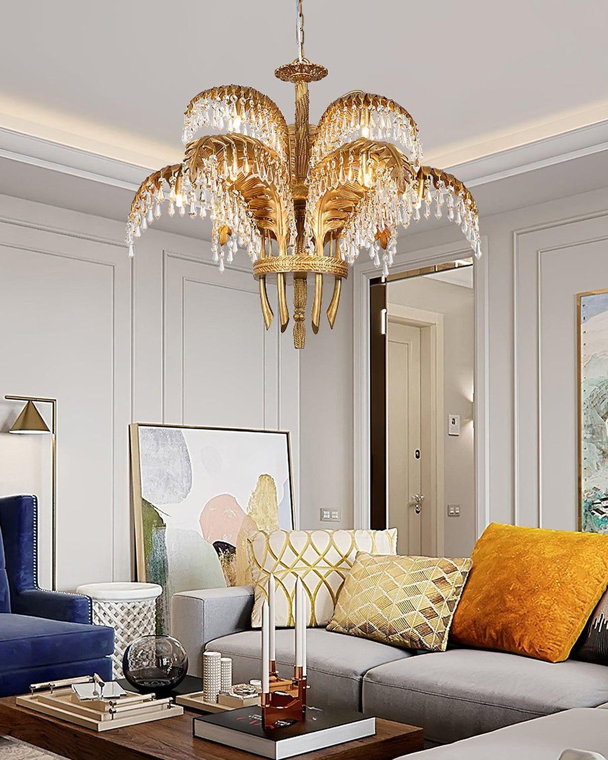 Brass Palm Leaf Crystal Chandelier 27.6"