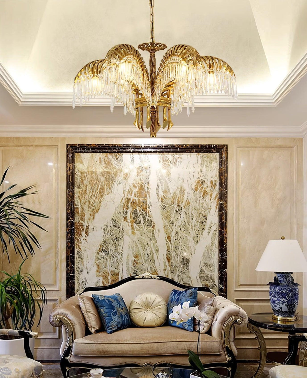 Brass Palm Leaf Crystal Chandelier 27.6"