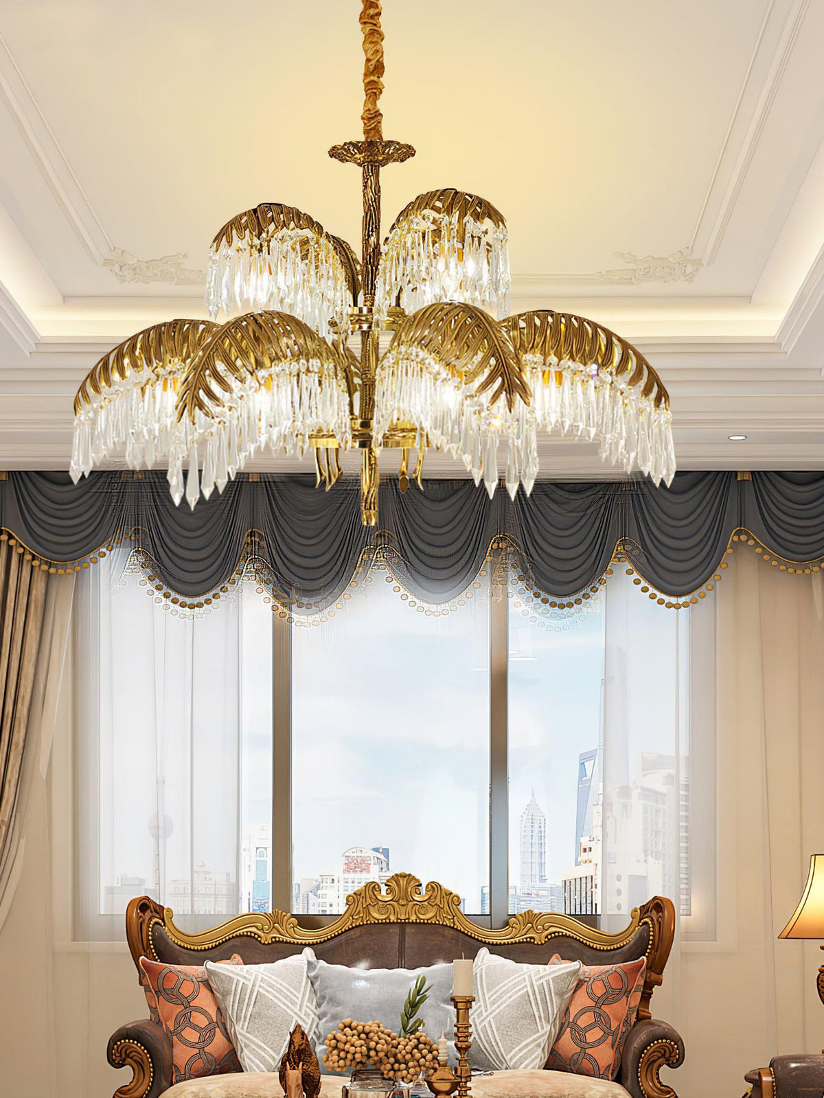 Brass Palm Leaf Crystal Chandelier 27.6"