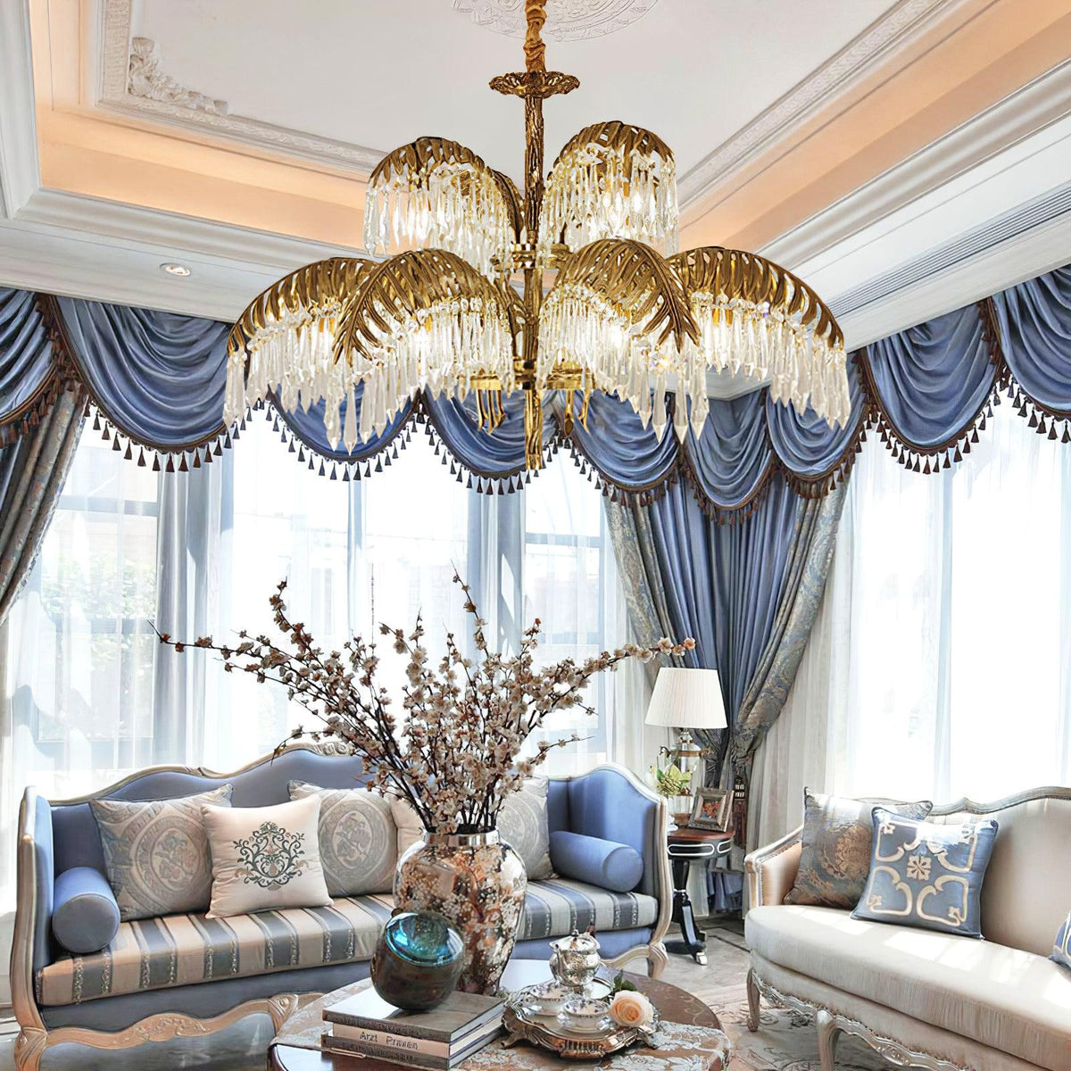 Brass Palm Leaf Crystal Chandelier 27.6"