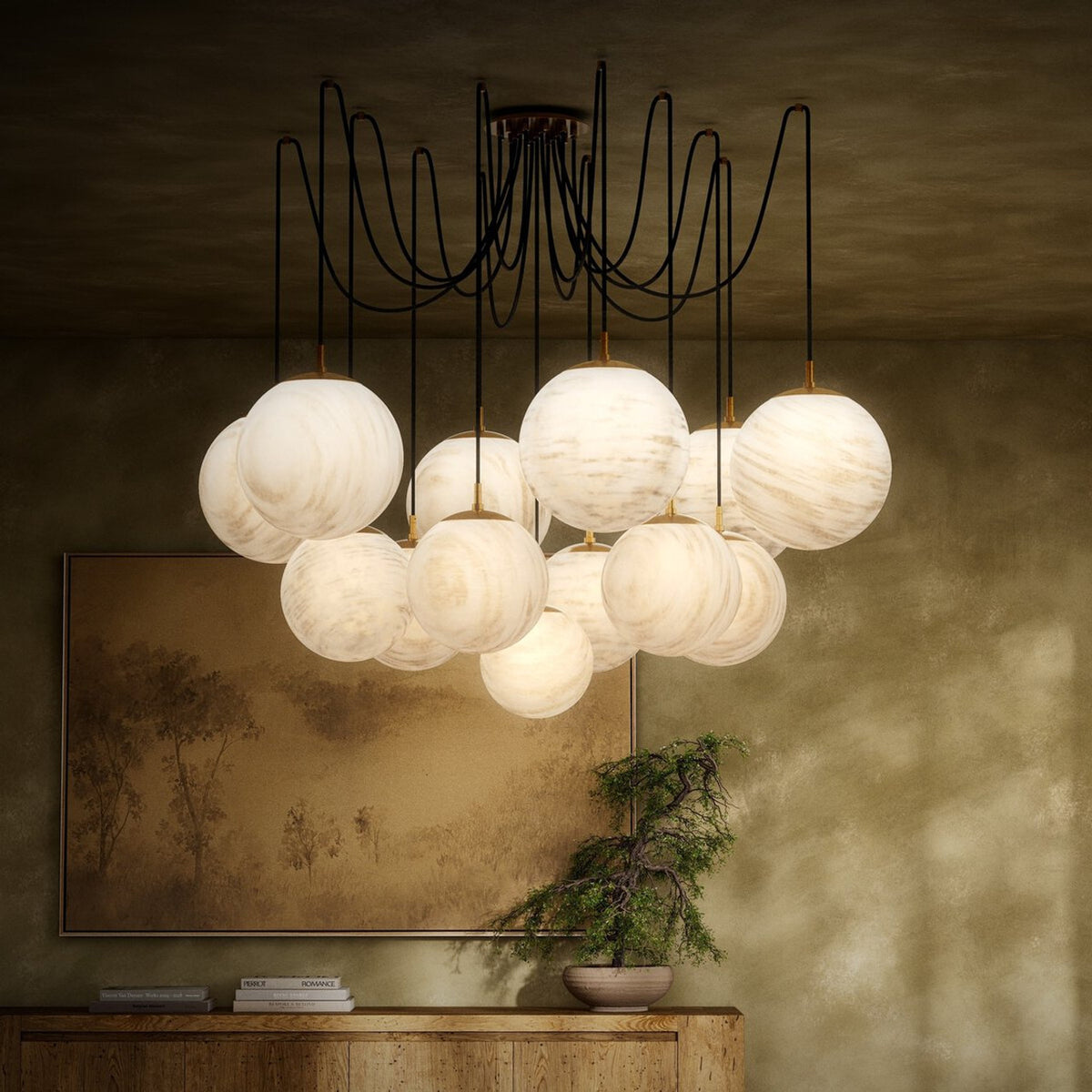 Four Hands Spider Chandelier - Marbled Matte Glass - Burnished Brass
