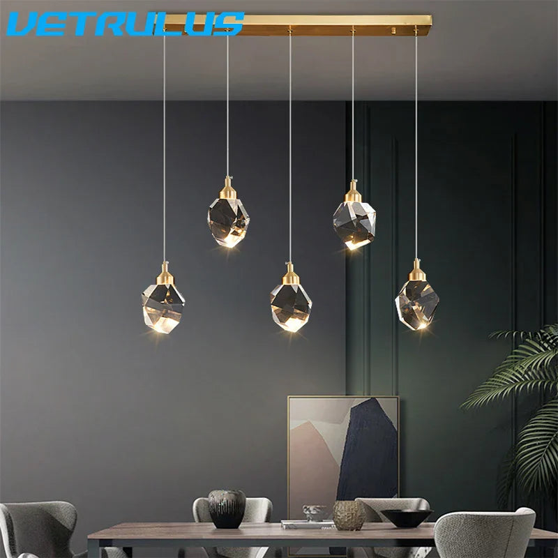 Diamond Crystal LED Chandelier, Brass Ceiling Pendant Light for Dining Room
