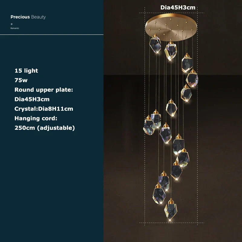 Crystal Stone Copper Chandelier - LED Postmodern 2025 Lighting for Staircase