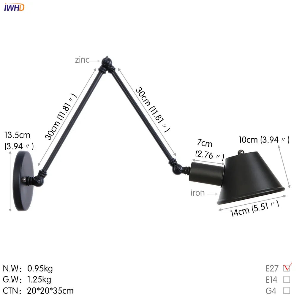 Black Single Swing Arm Wall Light Industrial Vintage Sconce LED Wall Lamp