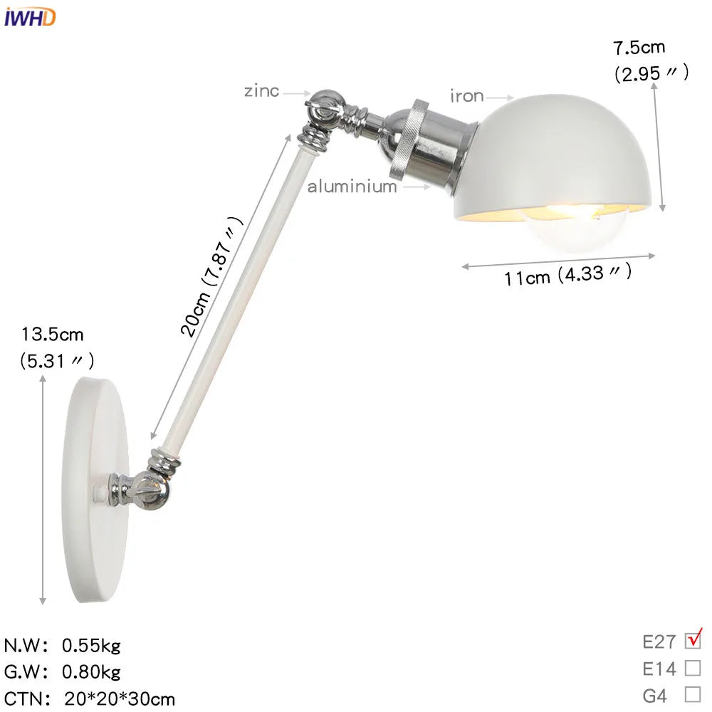 White Swing Arm Wall Light: Adjustable Vintage Industrial Sconce Luminaria
