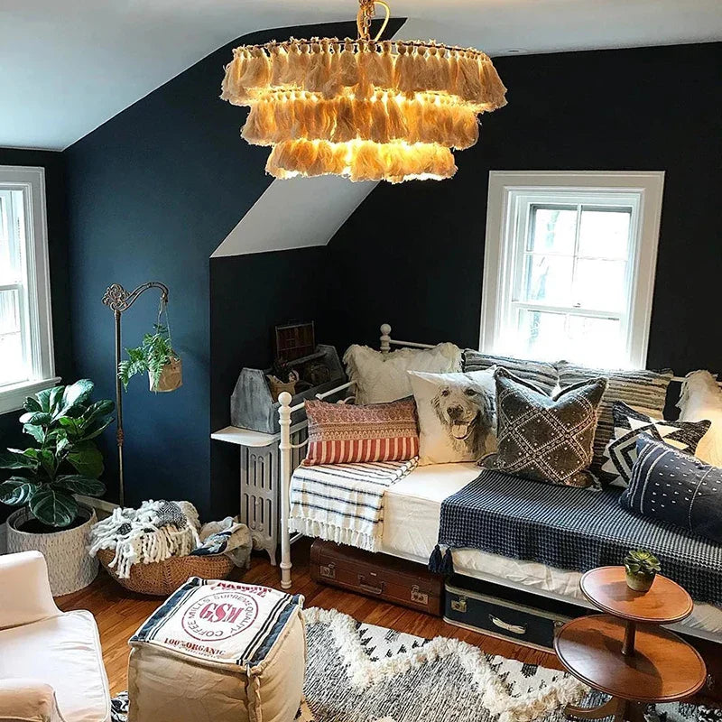 Fela Tassel Chandelier: Bohemian Chain Tiered Suspension Light for Living Room & Shop