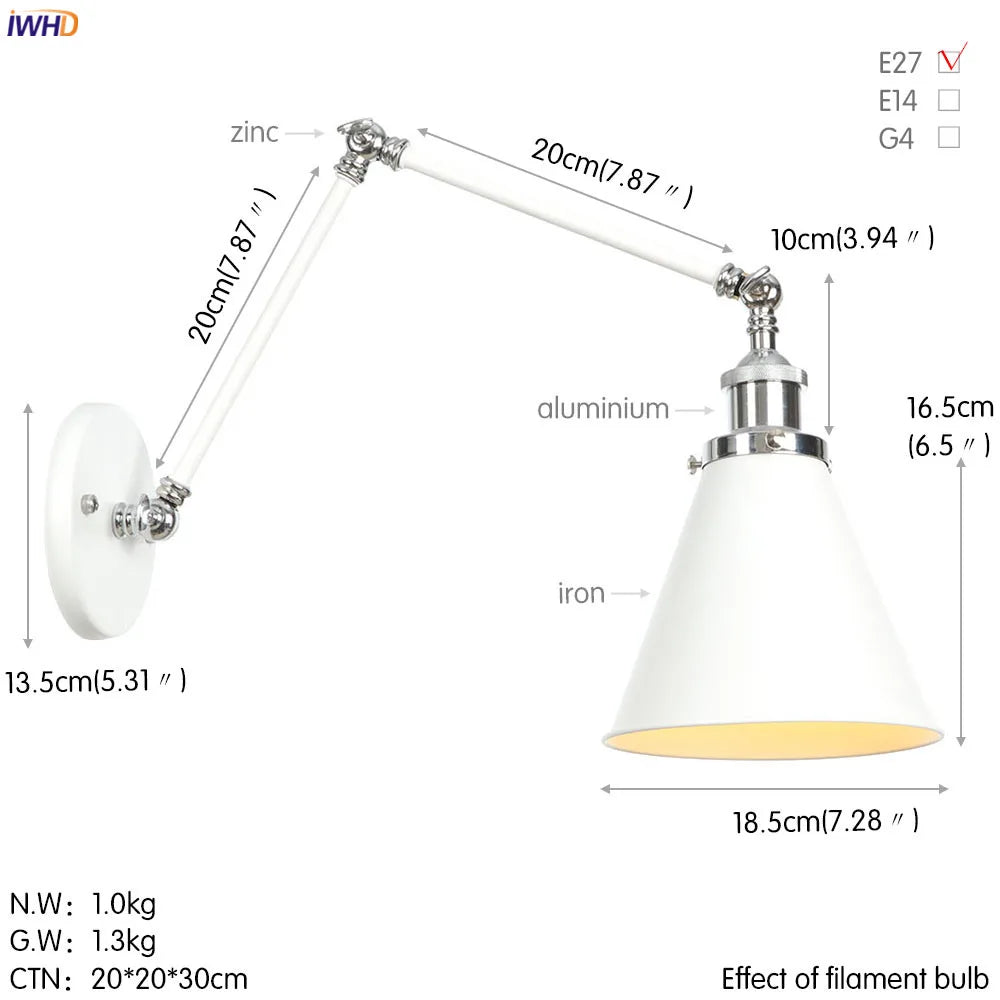 Silver Swing Arm LED Wall Light - Industrial Vintage Wall Sconce