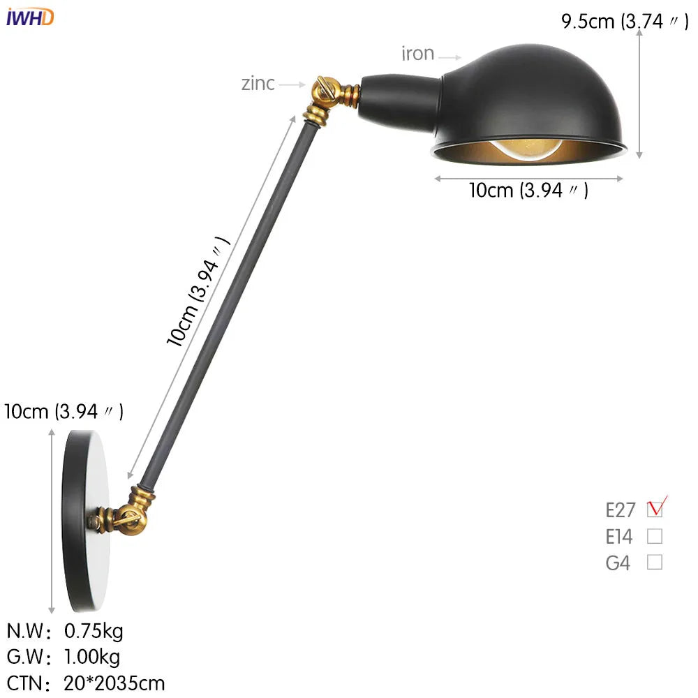 Vintage Industrial Wall Light Swing Arm LED Bedroom Cafe Stair Black