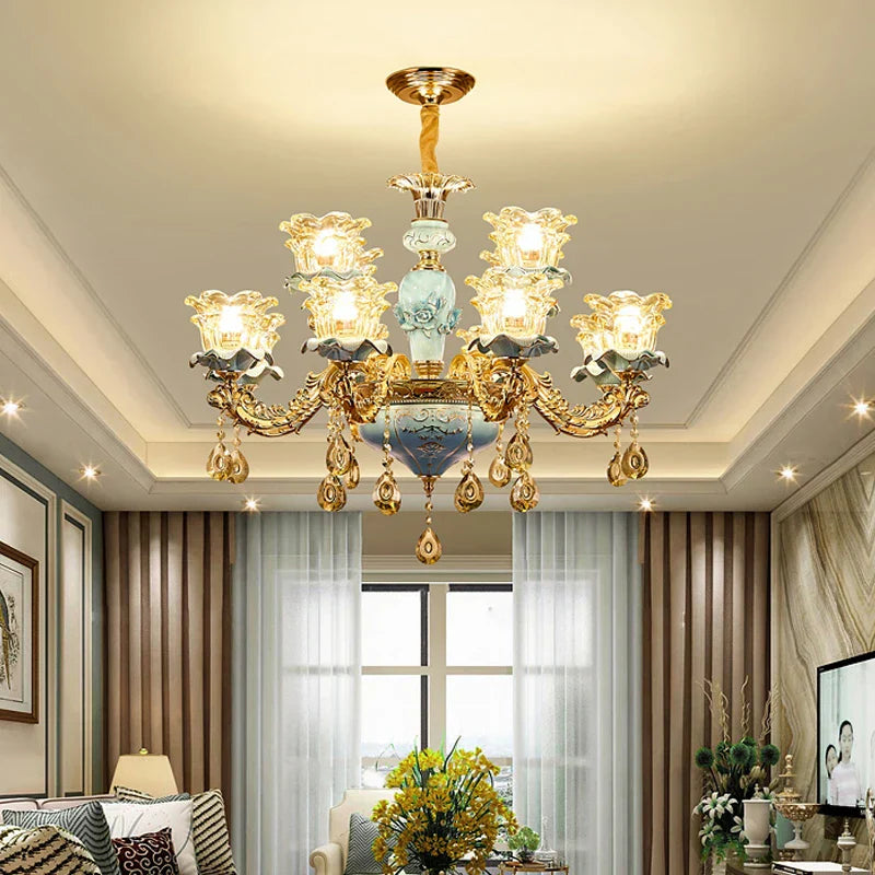 Retro Ceramic Chandelier for Living Room Bedroom Villa Duplex Floor