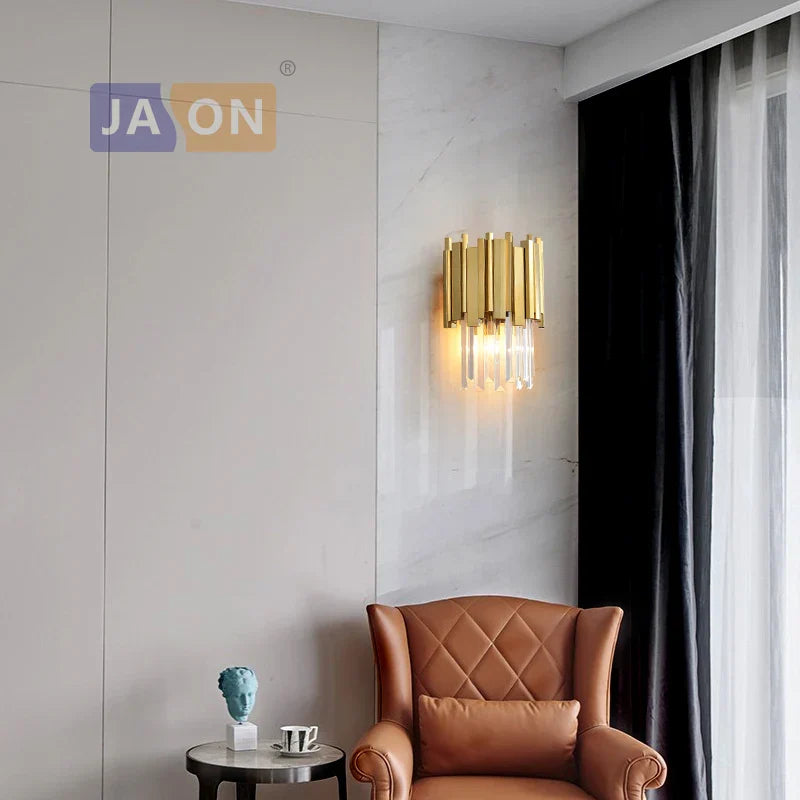 Crystal Golden LED Wall Sconce Stainless Steel Postmodern Art Deco Wall Light