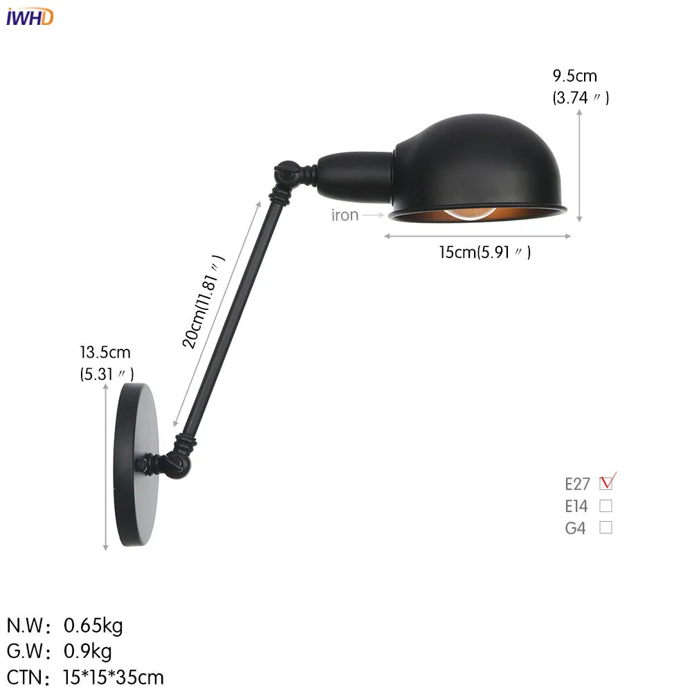 Vintage Industrial Wall Light Swing Arm LED Bedroom Cafe Stair Black