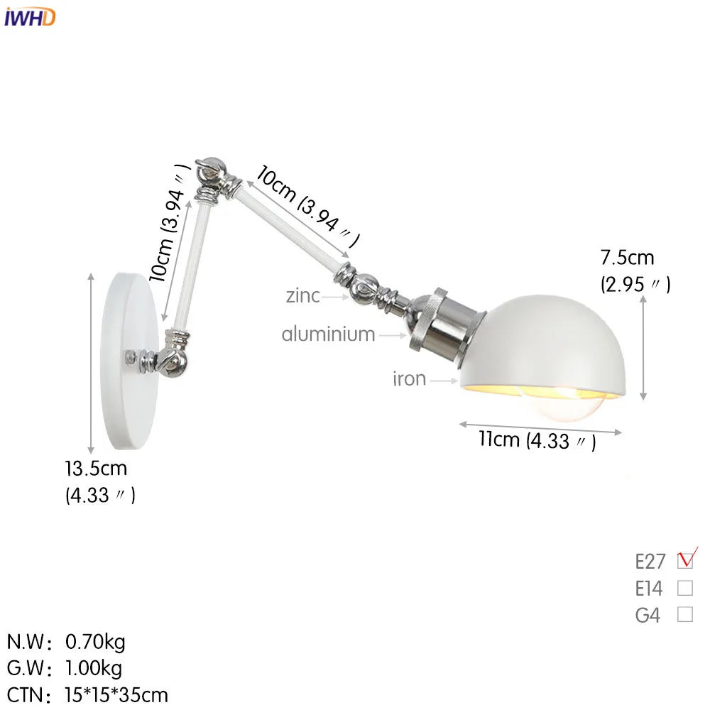White Swing Arm Wall Light: Adjustable Vintage Industrial Sconce Luminaria
