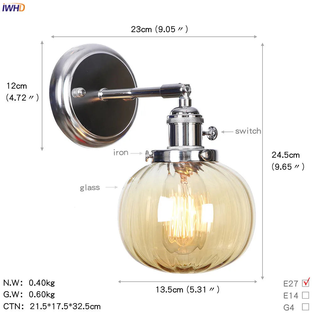 Modern Amber Glass Ball LED Wall Lamp for Home Bedroom Stair Mirror