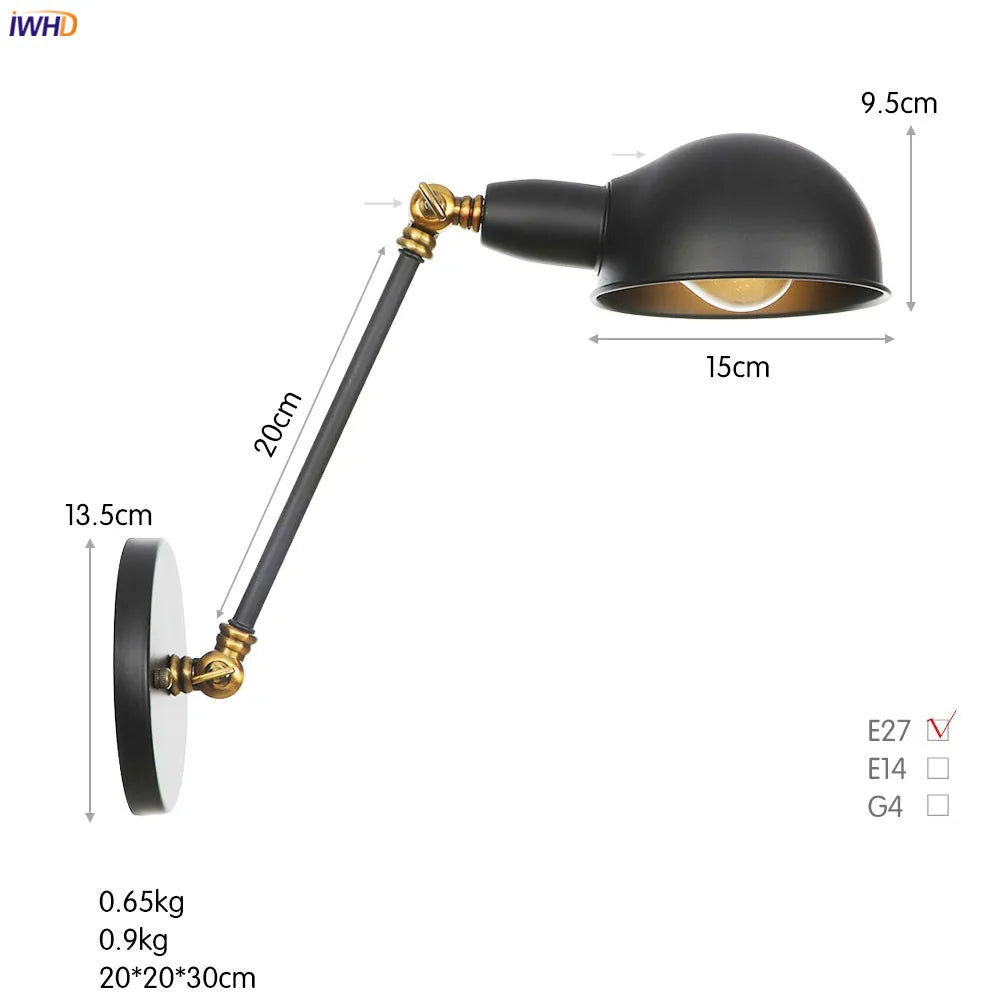 Vintage Industrial Wall Light Swing Arm LED Bedroom Cafe Stair Black