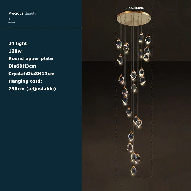 Crystal Stone Copper Chandelier - LED Postmodern 2025 Lighting for Staircase