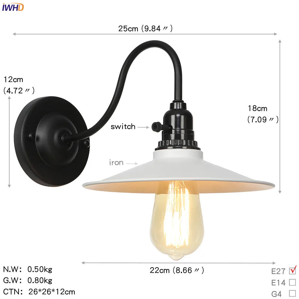 Vintage Industrial Wall Lamp Sconce LED - White Antique Loft Stair Bedroom